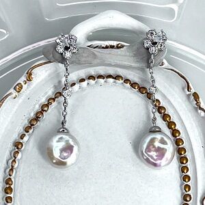 Handmade Freshwater Coin Pearl Crystal Flower 🌺 Dangle Earrings S925 SS Posts